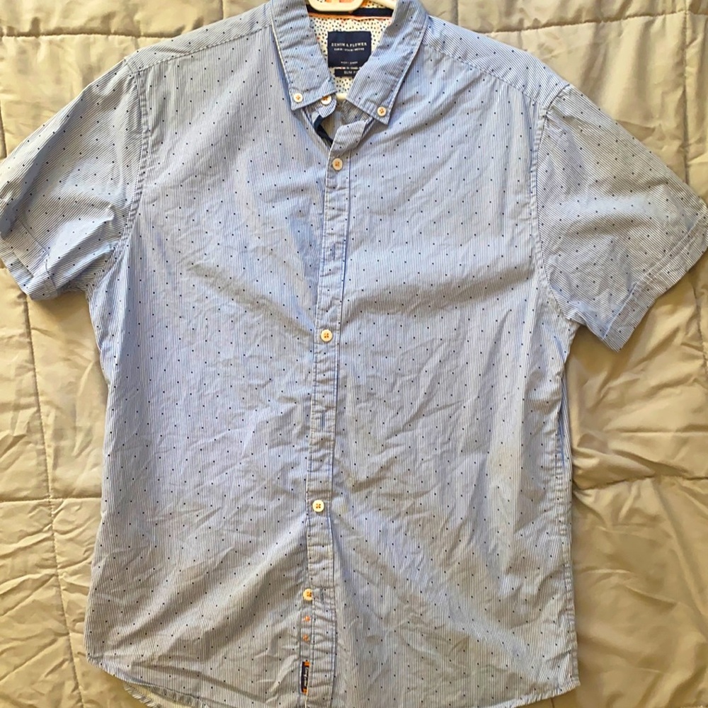 Denim and flower short sleeve button up shirt